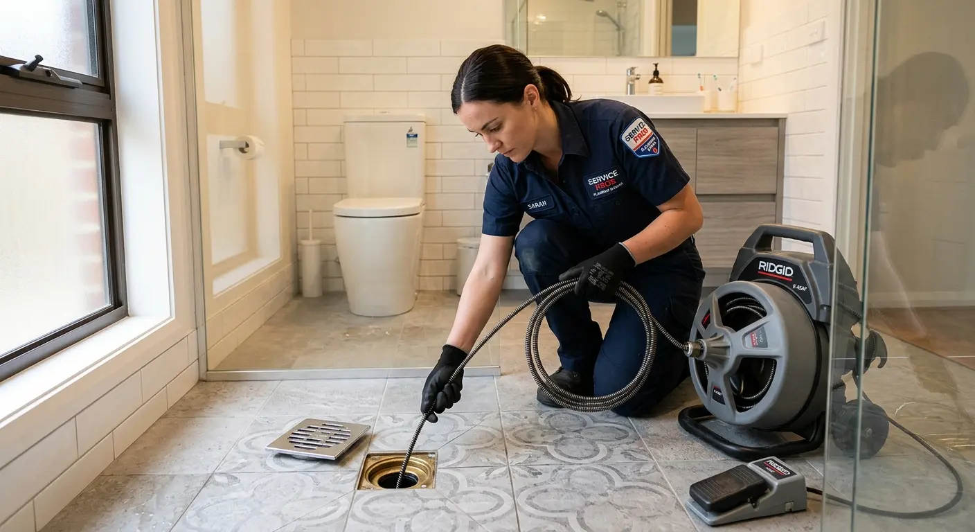 Technician clearing a bathroom floor drain for Clogged Drain Repair in Four Corners